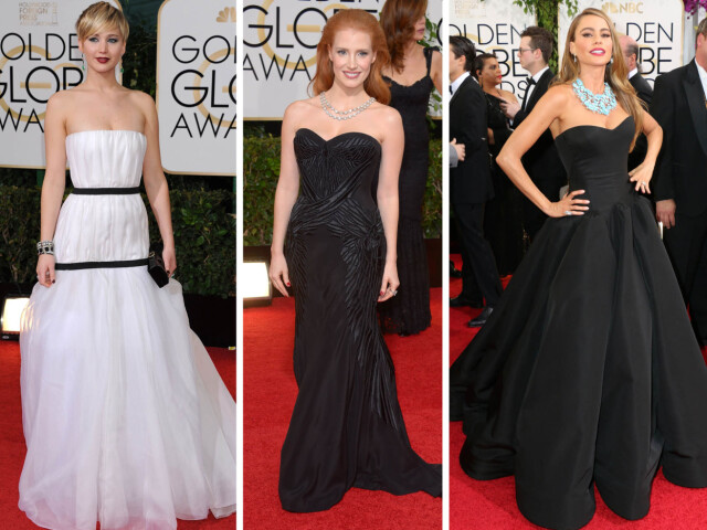 FAVORITTER: Jennifer Lawrence strålte i sin Dior-kjole, mens Jessica Chastain og Sofia Vergara vekket oppmerksomhet i svart. Foto: All Over Press FAVORITTER: Jennifer Lawrence strålte i sin Dior-kjole, mens Jessica Chastain og Sofia Vergara vekket oppmerksomhet i svart. Foto: All Over Press